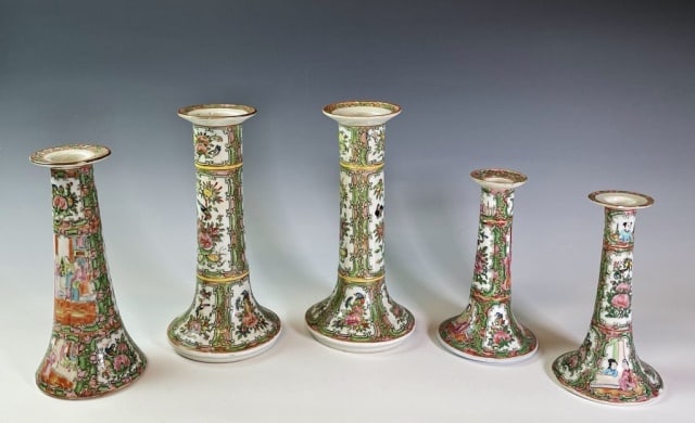 Antique Chinese Rose Mandarin Candlesticks (5pc): Collection of Five Antique Chinese Rose Mandarin Porcelain Candlesticks. Two pairs and a single, hand decorated with birds, foliate and court scenes. Good condition with wear, largest measures: 10" H.