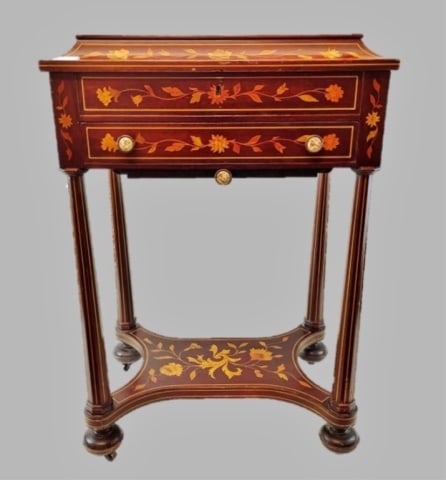 Antique Italian Marquetry Inlaid Sewing Stand: Circa 1900 Italian Marquetry Inlaid Sewing Stand. Hinge lidded top, case with single drawer and bottom catch frame, four legs on bun feet. Surfaces profusely decorated with floral and foliate multi hu