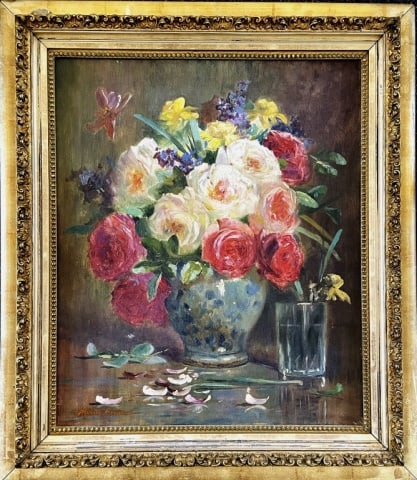 Oil on Canvas Floral Painting, Abbott Graves: Antique Oil on Canvas Floral Painting, Signed "Abbott Graves", (Abbott Fuller Graves, American, 1859-1936). Skillfully painted floral still, flowers in vase with glass. Good condition, set in period g