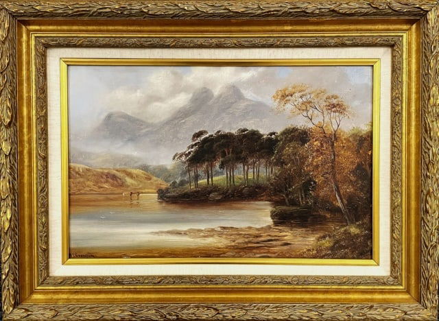 Oil on Board Painting, William James Crampton: Circa 1900 Oil Painting on Board, titled "The Low Wood Windermere" Signed "W J Crampton, (William James Crampton, American 1855-1935). Excellent condition, set into gilt wooden frame, measures: 18" H
