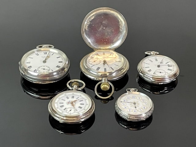Antique Silver Pocket Watches (5pc): Collection of Five Antique Silver Cased Pocket Watches: (1) Open faced keywind watch signed "Waltham USA" with English sterling silver case, excellent condition, running, (1) French top wind pocket wa