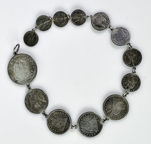 Silver Seated Coin Watch Chain, Cufflinks (3pc): Antique Silver U.S. Seated Coin Link Watch Chain, Spanish Coin Cufflinks: (1) Watch chain crafted of thirteen U.S. Seated silver half dollar though half dimes. Half dollar with engraved dedication in 