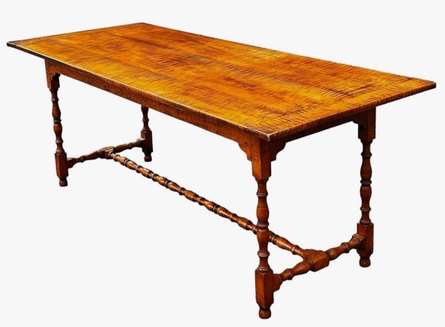 Tavern Dining Table, Tiger Maple, Eldred Wheeler: Hand Made 18th C. Style Trestle Table, Signed "Eldred Wheeler". Pegged solid tiger maple construction with highly figured board top, turned legs and stretcher. Underside with glue blocks in place and