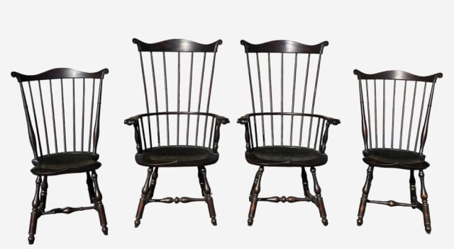 20th C. Windsor Chairs, D. R. Dimes Co. (4pc): Collection of Four Windsor Chairs, Signed "D.R. Dimes". Hand crafted in mixed woods in classic 18th C. style with aged black painted surfaces: (2) Arm chairs with continuous carved arm with fan back a