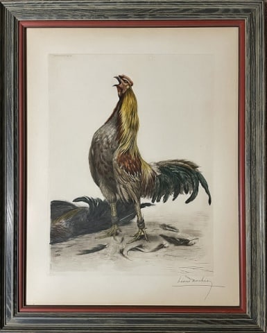 Antique Lithograph, Rooster, Leon Danchin: 20th C. Lithograph of a Crowing Rooster, Signed "Leon Danchin", (Leon Danchin, French 1887-1938). Polychrome lithograph on paper, signed in pencil lower right. Excellent condition, matted and framed u