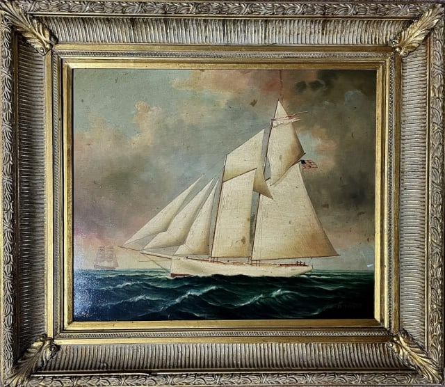 Oil on Canvas Painting, D. Taylor (1968-): Contemporary Oil on Canvas Painting, Signed D. Taylor, (D. Taylor, American, Born 1968-). Painting of an American two masted schooner at sea with ship in background. Painting in good condition, set in