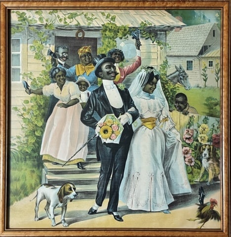 Antique Chromolithograph, Black Americana: Antique Chromolithograph. Black Americana print of a wedding scene. Excellent condition set in wooden frame under glass, measures: 23.5" H x 23" W.