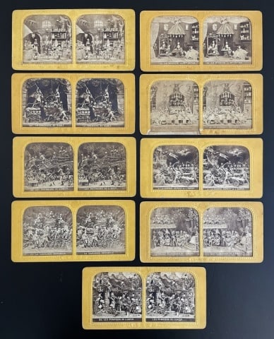 Antique French Macabre Stereoview Cards (9pc): Collection of Ten Antique French Macabre Stereoview Cards, Signed "PROPRIETE BK PARIS". Staged photographs of skeletons in various scenes and poses. Good condition with wear, measure: 3.5" H x 7" W.