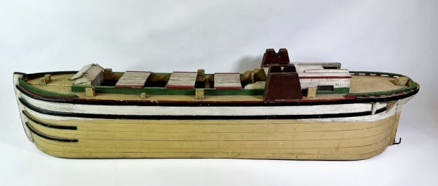 Antique Wooden Canal Boat Model Original Paint: Large Antique Hand Made Canal Boat Model. Scratch built wooden model of a canal boat with open hold, hatch covers and deck structures. Model in period paint. Good condition, measures: 45" L x 7.5" W x