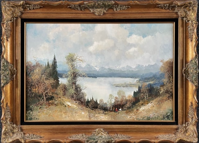Oil on Canvas Painting, Signed, Willi Bauer: Oil on Canvas Painting, Signed "W. BAUER" (Willi Bauer, Germany, b - 1923). Painting of an alpine valley with figures in foreground. Painting set in moulded gilt wooden frame, measures: 33.5" H x 46" 