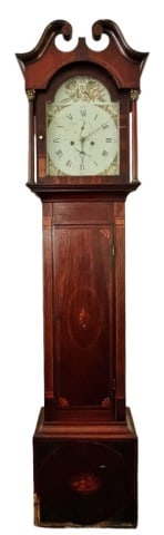 C. 1815 Scottish Tall Case Clock, Barron: C. 1800 Scottish Tall Clock, Signed "John Barron Aberdeen". Eight-day brass movement with time, strike and calendar. Hand painted face with foliate and bird decoration, Roman numeral radial dial with 