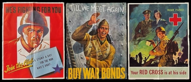 WW2 US Bond, Red Cross Fund Posters (3pc): WW2 US Bond, Red Cross Fund Posters: (1) Color poster captioned "HE'S FIGHTING FOR YOU. Join the Club. A STAMP A DAY FOR THE MAN WHO'S AWAY. . ." Published by the GPO, 1943 with note at bottom "Retail