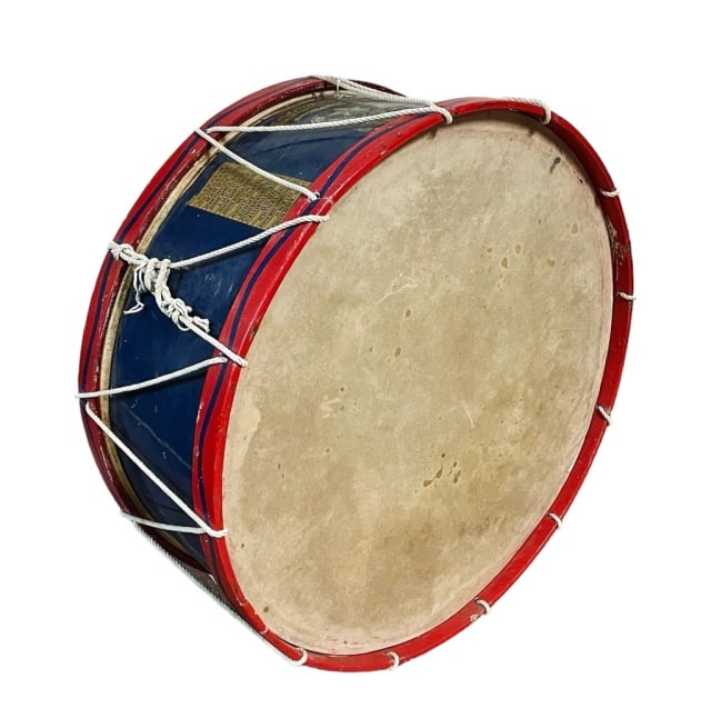 WW2 British Regimental Drum, Cameronian Rifles: World War Two Cameronian Scottish Rifles, Regimental Drum. Large military bass drum constructed of wood and hand painted with natural skins and rope tension. Drum decorated with gold decals which read