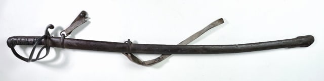 British Model 1821 Light Cavalry Sword: British Model 1821 Light Cavalry Sword. Curved single fullered blade with three branch guard and wire wrapped leather grip. Steel scabbard with partial leather hangers. Good condition with wear and ol