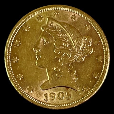1905 S US $5.00 Liberty Gold Coin: 1905 S U.S. Liberty Five Dollar Gold Coin. Coin is in BU condition.