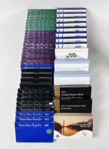 1970-2013 US Proof Sets (45pc): Collection of Forty-five U.S. Proof Sets: (1) 1970, (2) 1973, (2) 1973, (1) 1975, (1) 1977, (1) 1979, (1) 1980, (1) 1981, (2) 1982, (1) 1983, (1) 1984, (1) 1985, (1) 1986, (1) 1987, (1) 1988, (1) 1989