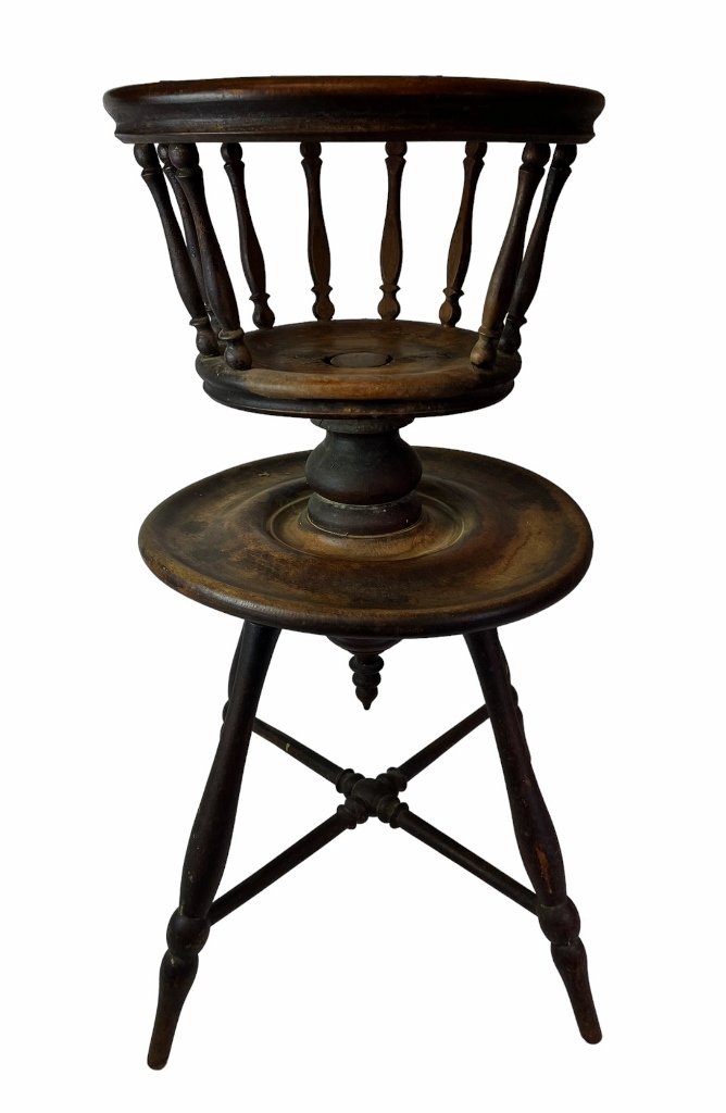 Early 19th Child's Swivel Seat: Early 19th C. Child's Swivel Seat. Basket form seat with rail and split balusters with dish form foot rest. Four legged turned base with cross stretcher and pendant. Chair swivels 360 degrees. Good co