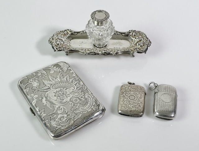 Collection, Antique Sterling Silver Items (4pc): Collection of Four Antique Sterling Silver Items: (1) Sterling silver card case with hand chased exterior and fitted leather interior, (2) Sterling silver vesta cases with hand chased decoration, (1) 
