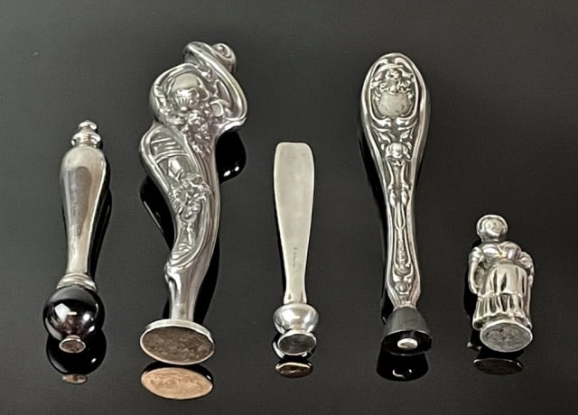 Antique Sterling Silver Pipe Tampers (5pc): Collection of Five Antique Silver Pipe Tampers. Sterling and Continental silver with varying figural forms. Good condition, largest measures: 4" L, combined weight: 3.39 Ozt.
