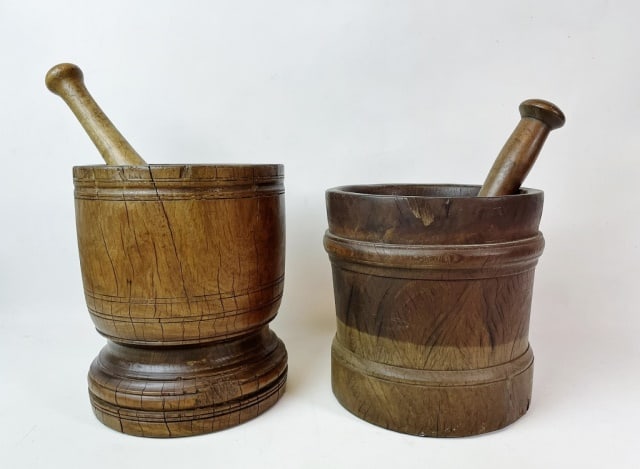 Two 19th C. Carved Lignum Mortar and Pestles (2pc): Two 19th C. Carved Lignum Mortar and Pestles. Heavy turned wooden Mortars with carved wood pestles. Good condition with wear, larger measures: 8" H