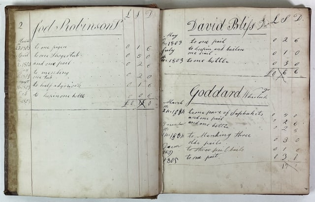 19th C. Vermont Account Book, Calais: Account book kept by John Eddy (1781-1853) of Calais, Vermont between 1802-1831, listing accounts with many pioneer families from Calais, including Bliss, Wheelock, Wright, Taylor, Lilley, Foster, Mer