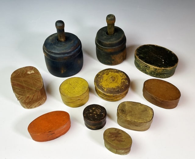 19th C. Painted Pantry Boxes, Butter Stamps (11pc): Collection of 19th C. Diminutive Painted Wooden Primitives: (2) Painted butter stamps with carved presses, (6) Oval wooden panty Boxes in old paint, (1) Pantry box with papered surfaces, interior stam