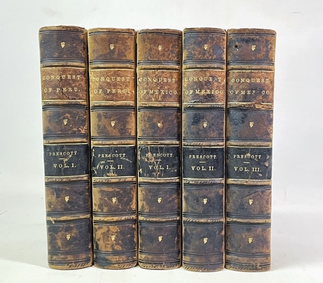 Books, Prescott's Conquest Of Peru, Mexico (5pc): Collection of Five History Books: (2) "History of the Conquest of Peru, With a Preliminary View of the Civilization of the Incas" by William H. Prescott. 2 Volumes (Philadelphia: J.b. Lippincott and C