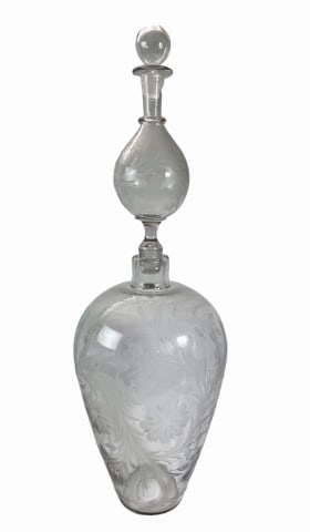19th C. Cut Glass Double Tier Apothecary Bottle: 19th C. Blown and Double Tier Apothecary Bottle. Exhibition piece, consisting of base with second vessel as stopper and final glass stopper. Glass masterfully cut with foliate floral decoration. Good 