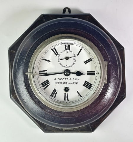 19th C S.S. KAPONGA English Ship's Clock, J. SCOTT: 19th C. English Ship's Clock, Signed "J.SCOTT & SON NEWCASTLE", Small Plaque Attached Reads, "S.S. KAPONGA". Eight-day keywind movement with speed adjustment. Porcelain face with Roman Numeral radial 