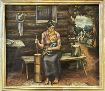 Oil on Canvas Painting Warren Wheelock (1880-1960): Oil on Canvas Painting, Titled "Woman Churning", Signed "Wheelock", (Warren Wheelock, American, 1880-1960) Good condition with old patch, set in period wooden frame, measures:29.5" H x 33" W, 25.5" H