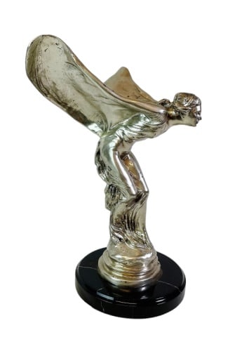 Rolls-Royce Showroom Sprit of Ecstasy Sculpture: Antique Rolls-Royce Showroom Silver Lady or Spirit of Ecstasy. Cast metal (after Charles Sykes) with chrome finish, mounted to natural stone base. Good condition, measures: 14.5" H x 9.5" W x 9.5" D