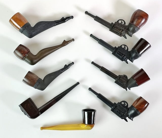 Antique Gutta Percha Pipes (9pc): Collection of Nine Antique Gutta Percha Tobacco Pies: (3) Gutta Percha "Naughty Nellie" ladies leg pipes, (4) Revolver form pipes, (2) straight pipes. Excellent condition, largest measures: 5.5" L.