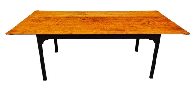 Dining Room Table, Maple Top, D.R. Dimes: Vintage 18th C. Country Chippendale Style Dining Table, Signed "D.R. Dimes". Pegged solid wood construction with highly figured board top, with black painted straight legged base. Underside with impre