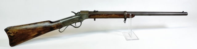 Civil War Period Carbine, Ballard: Civil War Period Carbine, Ballard. Single shot breechloading .44 cal. rimfire carbine. Walnut stock with steel breech and barrel, faint marks on receiver and faint cartouche on stock. Good working con