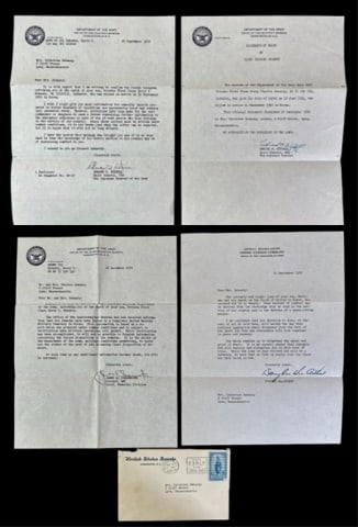 Korean War, US GI KIA, Gen. MacArthur Letter (4pc): Collection of Four letters sent to the Sabanty family of Lynn, Massachusetts regarding the death of Private First Class Kerry Sebanty while in combat in Korea on September 14, 1950. The group includes