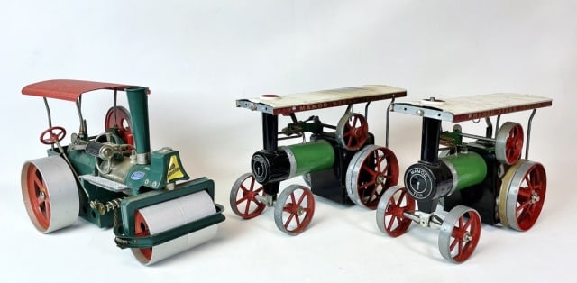 Collection, Steam Driven Toy Trucks (3pc): Collection of Three Steam Powered Toy Trucks: (2) Steam engine trucks with steam compartment, stack and roof signed "MAMOD STEAM TRACTOR", (1) Steam powered roller truck, signed "Wilesco". Good condit