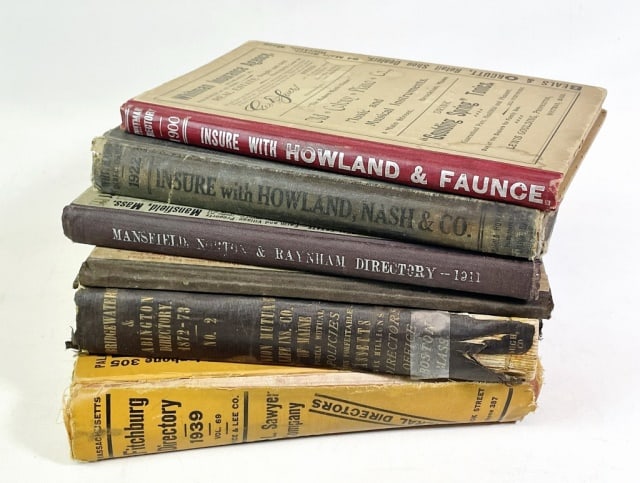 Books, Massachusetts City & Town Directories (6pc): Collection of six Massachusetts Town and City Directories: (1)" Directory of North Bridgewater, Bridgewater, East and West Bridgewater, and Abington for 1872-1873" (Boston: Greenough, Jones & Co; 1872