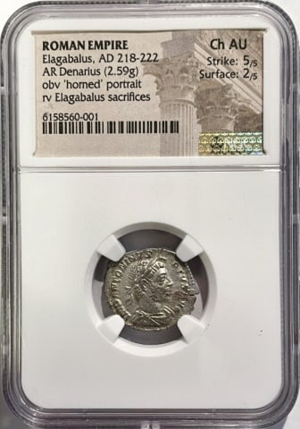 Ancient Roman Denarius Elgabalus 218-222 AD NGC AU: Ancient Roman Silver Denarius, Emperor Elgabulus, (218-222 A. D.). Choice About Uncirculated condition, weight: 2.5 g.