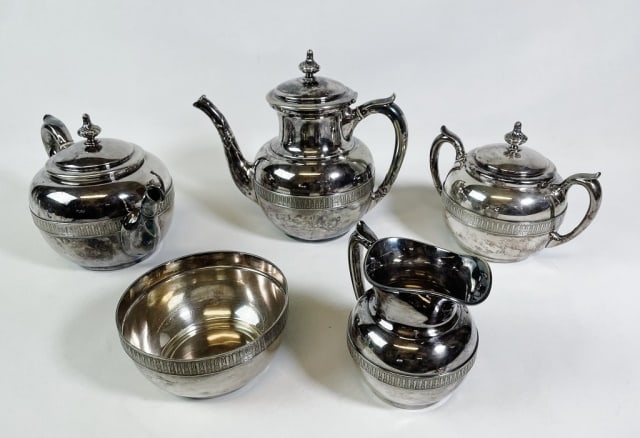 Antique Silver Soldered Teaset Tiffany & Co (5pc): Antique Five Piece Silver Soldered Teaset, Signed "TIFFANY & Co". Set includes: Coffee, teapot, creamer, sugar and waste bowl. Good condition with "M" monogram, largest measures: 8.75" H