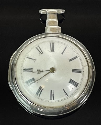C 1806 American Fusee Pocket Watch, McFarlane: Circa 1795 American Pair Case Chain Fusee Pocket Watch, Signed "Jn. McFarlane Boston". Sterling silver two piece case, interior verge case with English hallmarks for Birmingham, 1806 date letter and "
