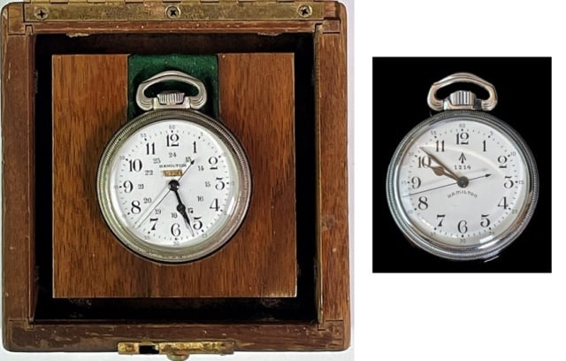 WW2 British, Canada Navy Watches Hamilton (2pc): Two World War Two British - Canadian Royal Navy Navigation Watches, SIgned "HAMILTON": (1) Navigation master watch with top wind 22 Jewel nickeled movement. Open face screw back case, white face with
