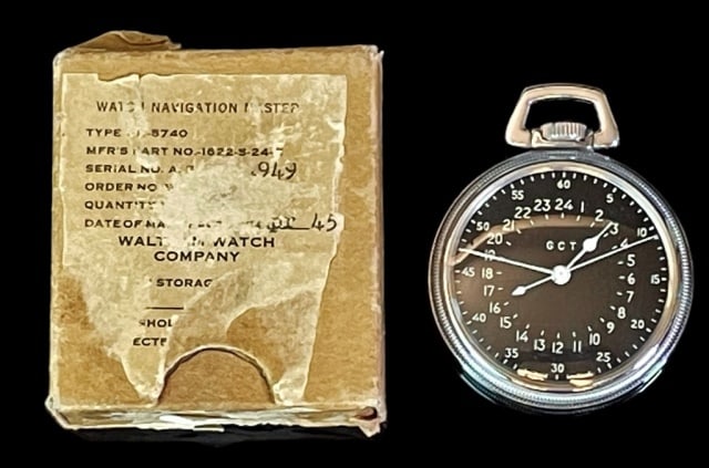 WW2 Maritime Navigation Watch, GTC, Waltham: World War Two Navy Navigation Watch, Signed "GTC", Works Signed "Waltham U.S.A." with original packaging. Open face top wind 22 jewel movement. Black face with Arabic Numeral 24 hour radial dial with 