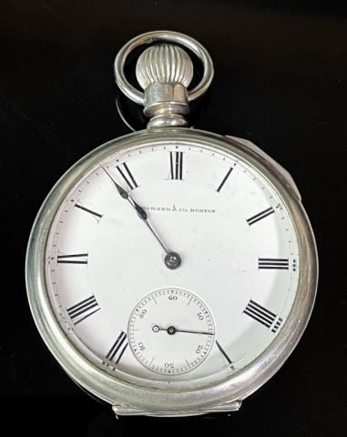 15J Coin Silver Pocket Watch, E Howard, Series III: Antique 15J Coin Silver Pocket Watch, Signed "E. Howard", series III, 15 Jewel, gilt works, 1866 patent date, open face, window back coin silver case, 2.25" D. Fine running condition. Watches noted as