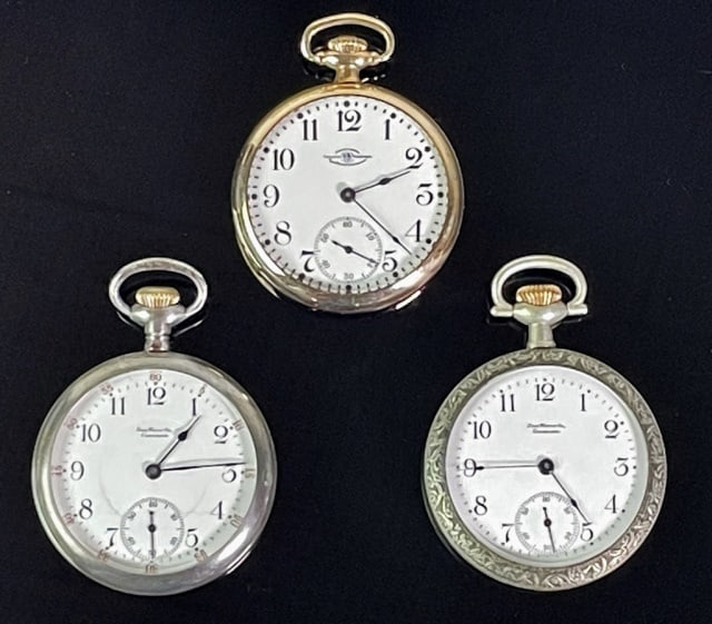 17-19J Pocket Watches, Hamilton, Ball (3pc): Three Antique 17-19J Pocket Watches, Signed "HAMILTON" and "BALL": (1) Ball Model 1899, grade Commercial Standard, 17 Jewel nickeled works, top wind open case pocket watch with decorated screwbacj cas
