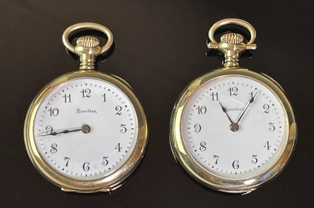 14K Gold 17-19J Pocket Watches, Hamilton (2pc): Two Antique 14K Gold 17J and 19J Ladies Pocket Watches, Signed "Hamilton": (1) 1915 production, model 1, grade 983, 17 Jewel nickeled movement. Top wind solid 14K yellow gold open face case, interior 