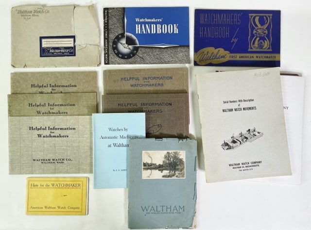 Waltham Watch Ephemera Collection (12pc): Collection of Fourteen Waltham Watch Ephemera: (1) "Serial Numbers With Description of Waltham Watch Movements" (Waltham, MA: Waltham Watch Company, 1954), Quarto, softcover, 115pp; (1) "History of Wa