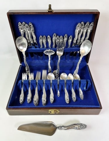 Sterling Silver Flatware Set, Decor, Gorham (54pc): Fifty-four Piece Sterling Silver Flatware Set, Signed, "Gorham", Decor Pattern. Eight six piece place settings, set consists of: (8) Dinner forks, (8) Salad forks, (8) Soup spoons, (8) Teaspoons, (8)