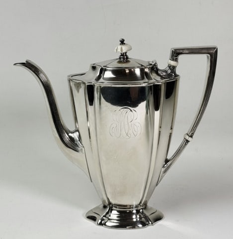 Sterling Silver Coffee Pot, Bailey, Banks & Biddle: Antique Sterling Silver Coffee Pot, Signed "BAILEY BANKS & BIDDLE". Georgian form, lid with finial. Good condition with monogram, measures: 7.5" H, weight: 15.8 Ozt.