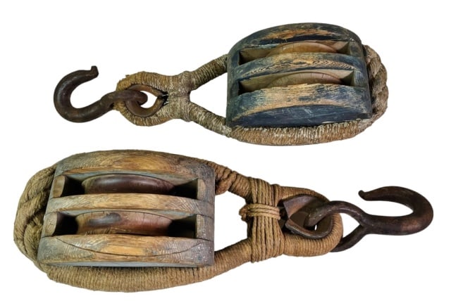 Large Antique Wooden Sailing Ship's Blocks (2pc): Two Large 19th C. Ships blocks. Wooden construction with period blue painted surfaces, interior lignum vitae wheels. Blocks with rope frame and wrought iron hooks. Good condition with wear, measures: