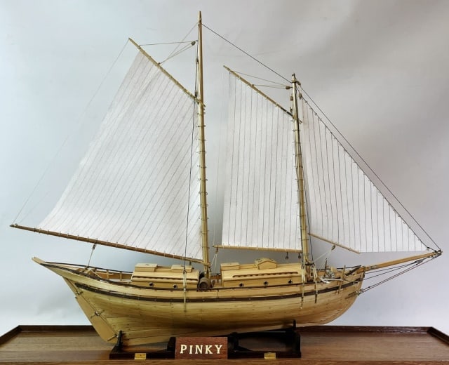 Wooden Ship Model, "Pinky" Eklund: Detailed Hand Built Ship Model S.S. Pinky, Crafted by master modeler Warren E. Eklund, Brockton Massachusetts. Hand built detailed wooden model of a two masted gaff rigged schooner with detailed deck